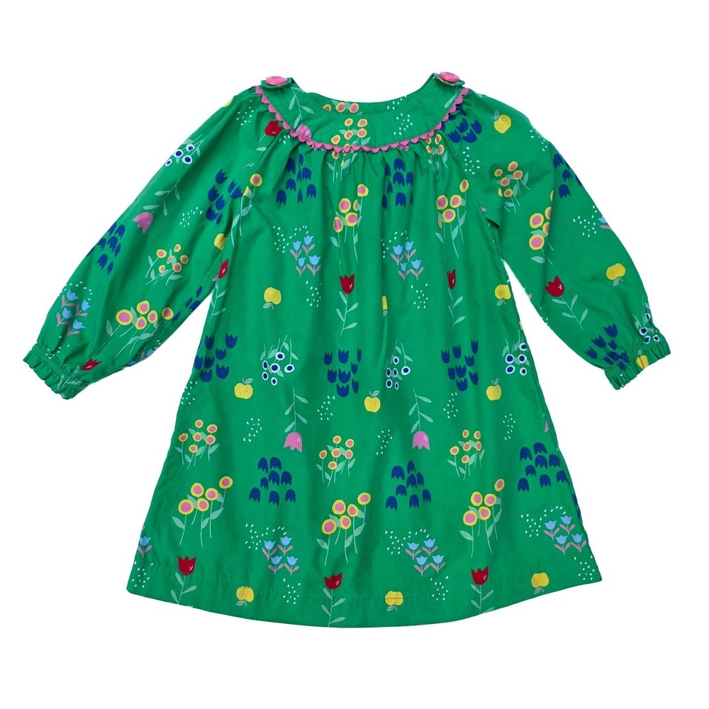 Hanna Andersson Floral Dress Girls Size 90 Green Cotton Long Sleeve Nordic